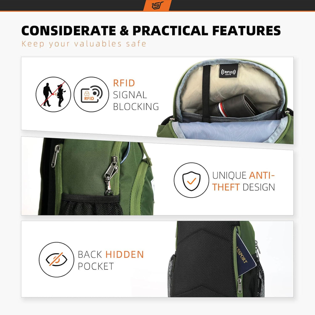 SKYSPER Sling Bag - RFID Crossbody Backpack for Travel & Hiking | Unisex Army Green Daypack