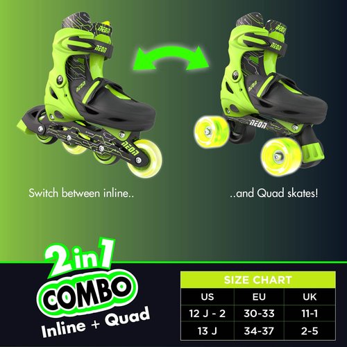 Yvolution Neon Combo Skates | 2-1 Quad and Inline Skates for Kids with LED Wheels | Adjustable Sizing (Green, 3 to 6)