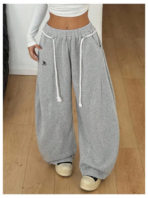 BEAUDRM Women's Baggy Barrel Sweatpants Stacked Elastic Waist Wide Leg Sweat Track Pants Lantern Trouser with Pockets Light Grey Large