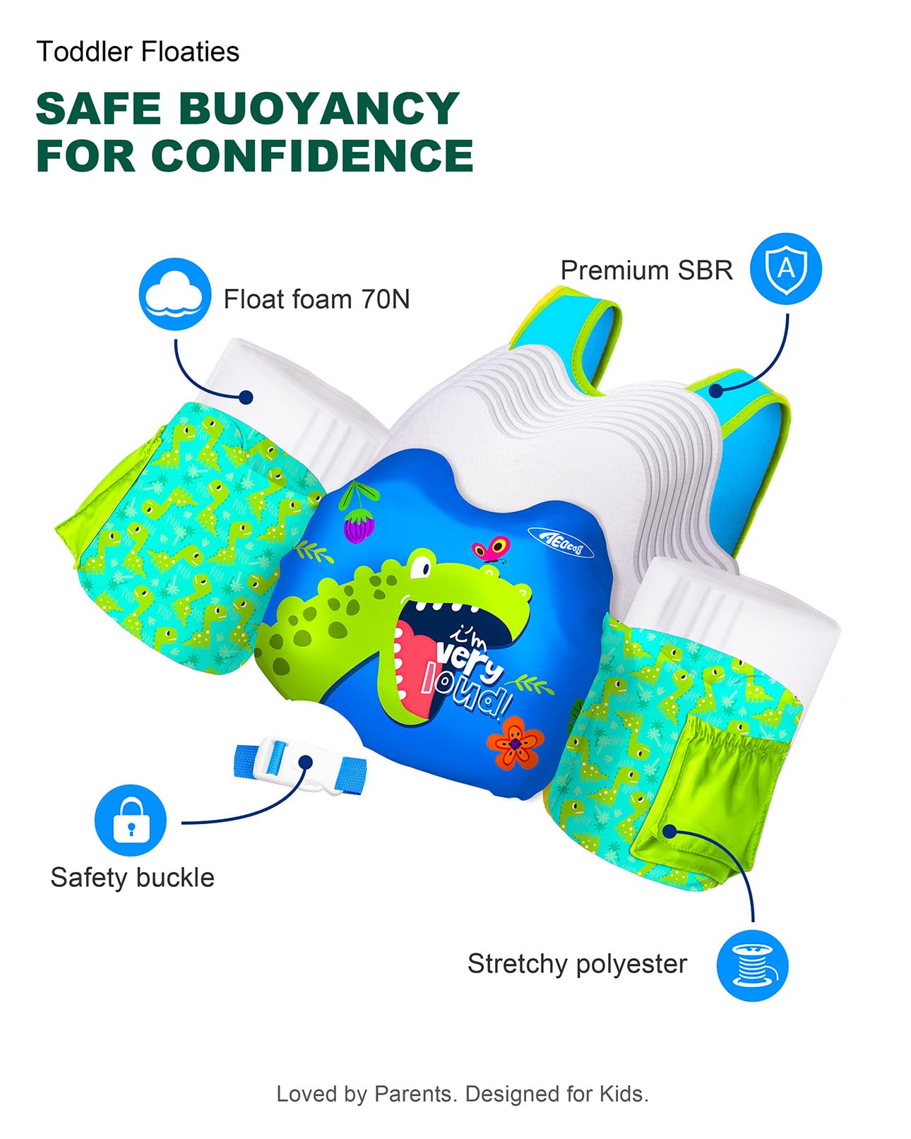 AEOCOO Puddle Float Jumper 30-50-60-70 Pounds, Toddler Swim Vest for 2-3-5-7 Years Old, Pool Floats with Swimming Arm Floaties Swim Jacket for Kids Swimmies, Boys, Girls, Niños, Dinosaur