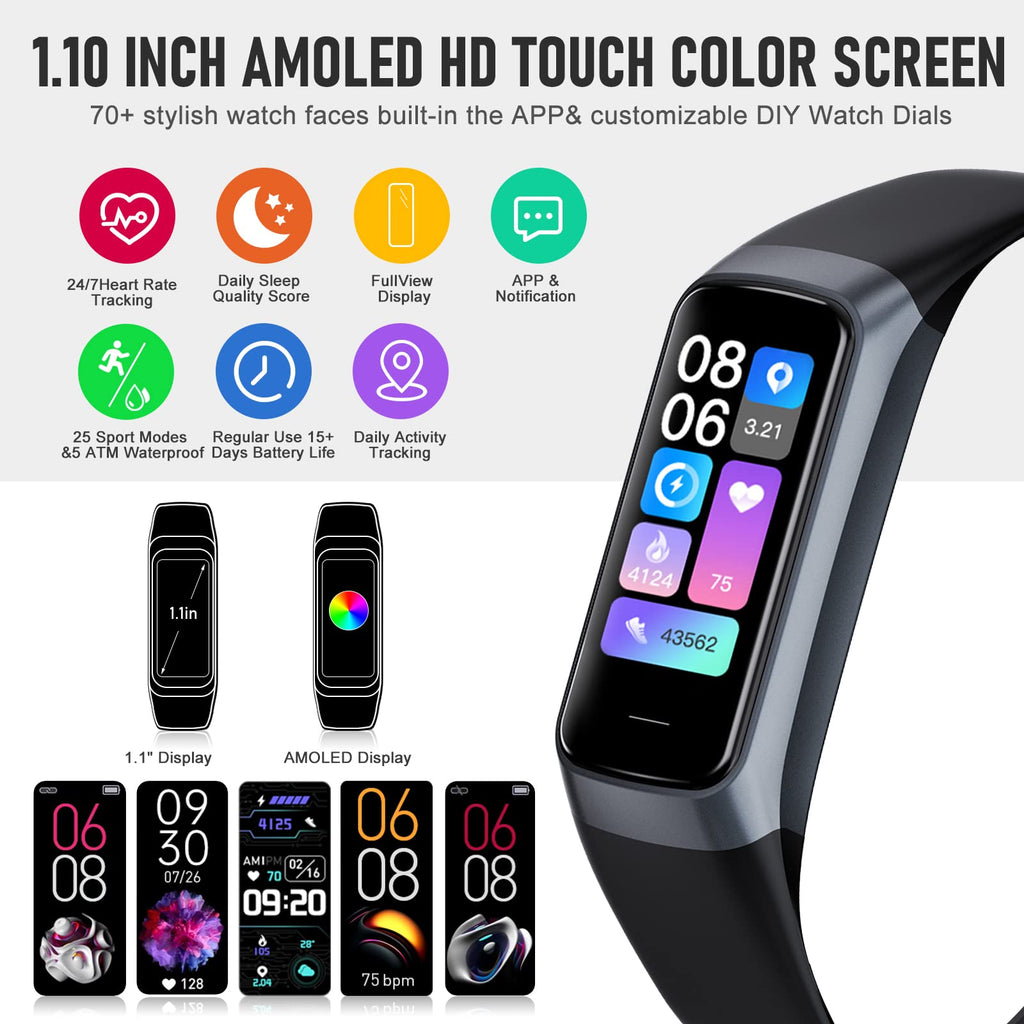Bakoor Fitness Tracker with 24/7 Heart Rate Blood Oxygen Sleep Monitor, 1.10" AMOLED Touch Screen Step Trackers Watch, IP68 Waterproof Step Counter Pedometer for Women Men
