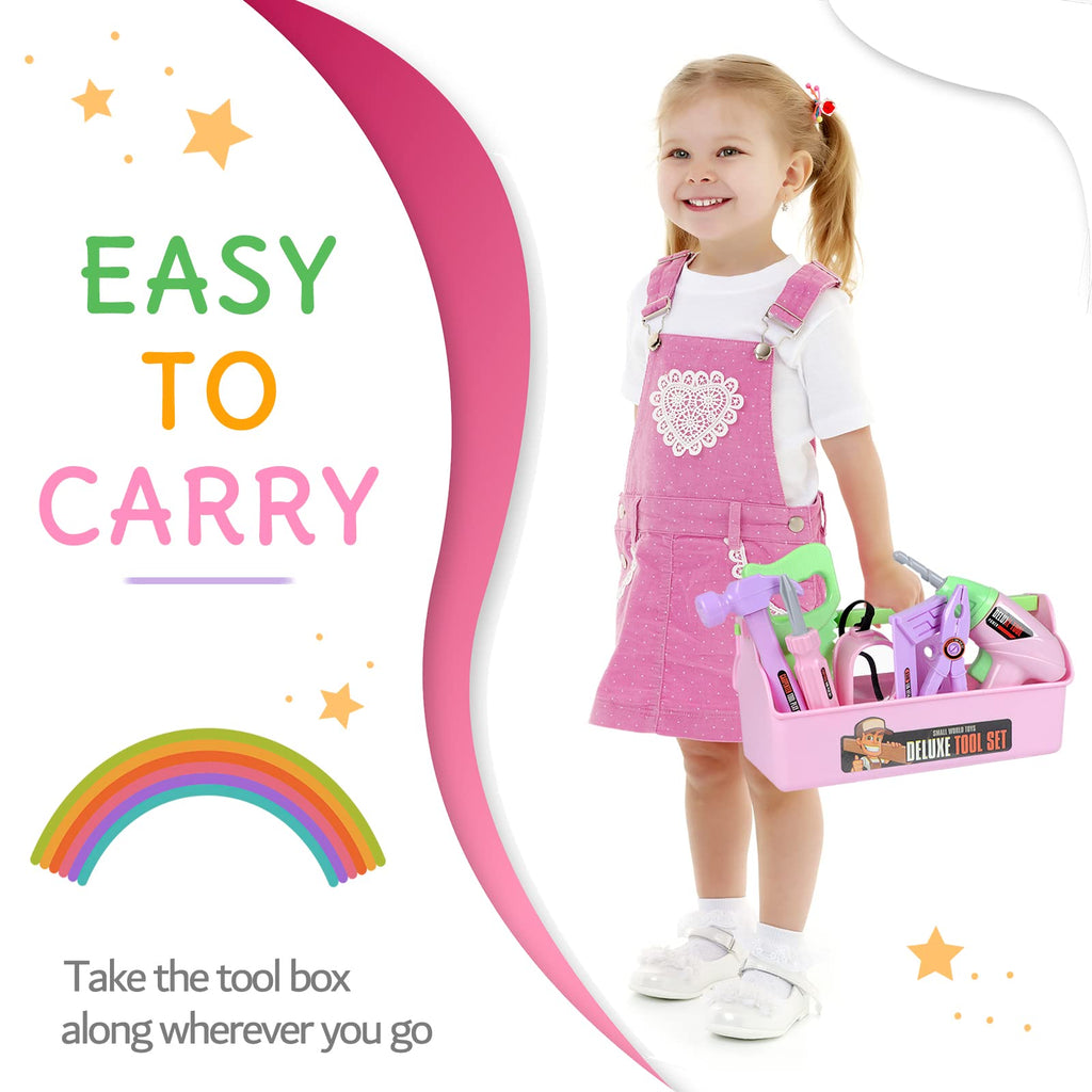 Kids Tool Set - Toddler Tool Playset with Toy Drill, Toy Tool Box, Construction Tools - Pretend Play Toddler Girl Toys Gifts for Toddlers Kids Aged 3 4 5 6 (Pink Tools)