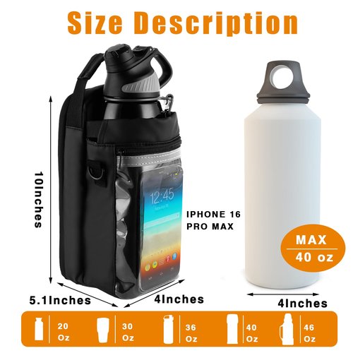 Magnetic Gym Bag for Men Women - 5lb Force Water Bottle Pouch + Clear Touchscreen Phone Pocket (Use Phone Instantly) | Workout & Travel Must-Have (Black)