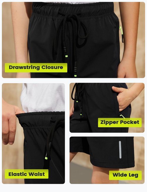 Gihuo Boys Shorts Quick Dry Athletic Shorts Kids Lightweight Outdoor Running Shorts with Zipper Pocket(BlackDarkGreyLightGrey-13Y)