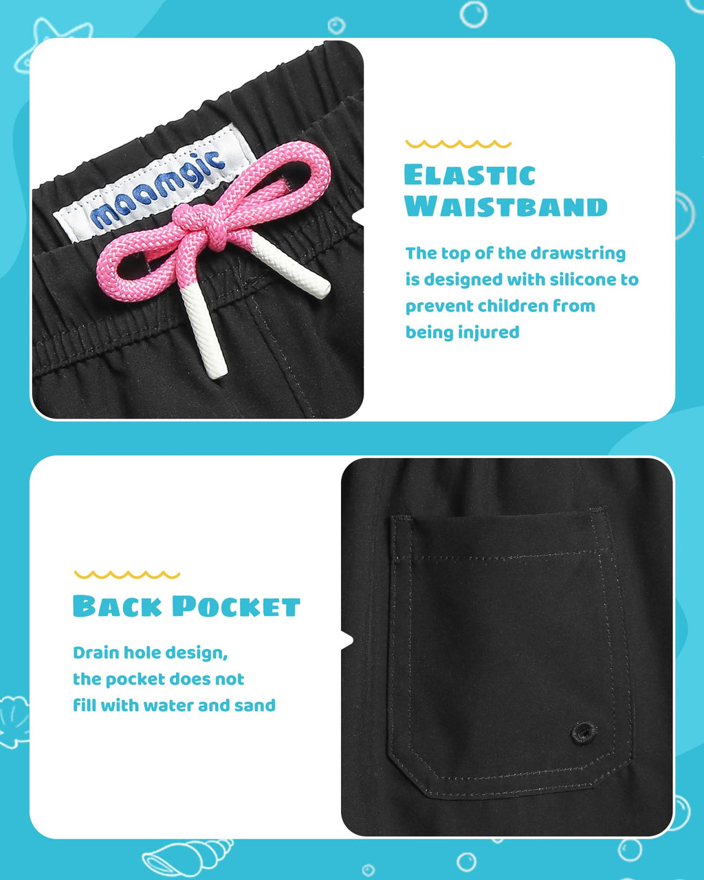 maamgic Boys Swim Trunks with Compression Liner Toddler Stretch Swim Shorts Quick Dry Swimming Trunks Boxer Brief 2 in 1 Beach Shorts Black Pink 2T