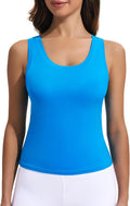 PINSPARK Crop Workout Tops - Double Lined Athletic Tank for Women | Sleeveless Scoop Neck in Blue, Medium
