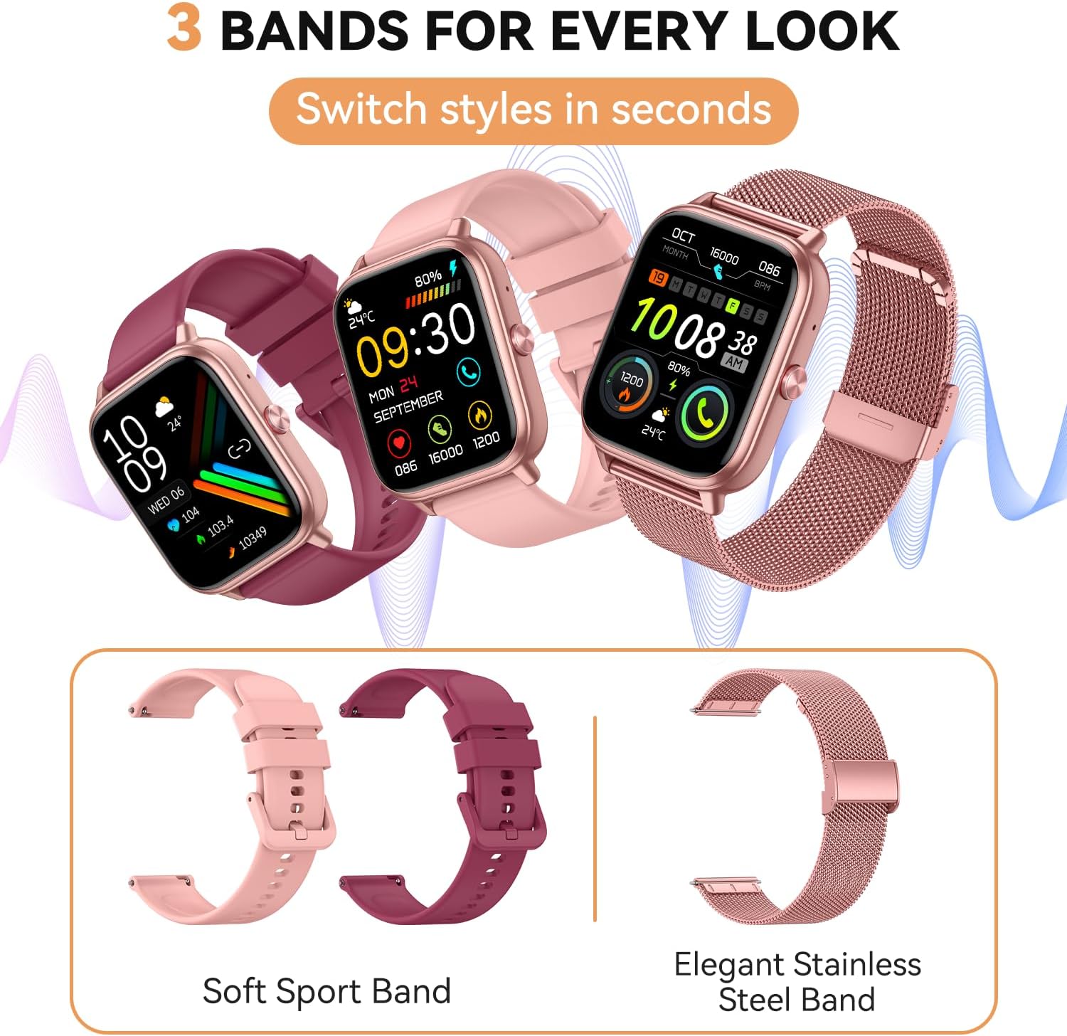 Skiennix Smart Watch | 1000mAh Battery, Call Function & Fitness Tracker | Pink, 3 Straps, iOS/Android Compatible