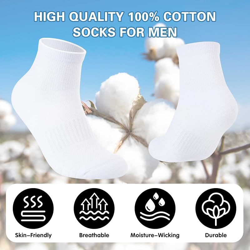 Monxiery 5 Pairs Mens Cotton Cushioned Ankle Socks, Moisture-Wicking Breathable Athletic Socks – White, Large-XL