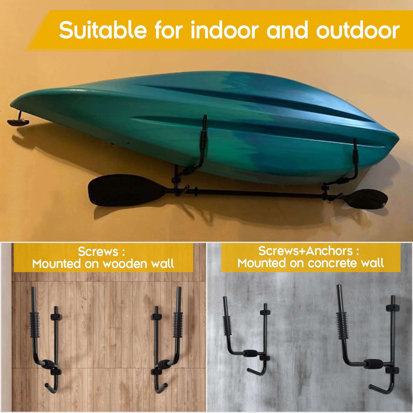 PIRIPARA Kayak Storage Rack Wall Mount 2 Pairs Garage Kayak Storage Hanger, Wall Bracket Holder for Kayaks, Canoe, Surfboard, Paddle Board, Max Load 100LBs, Black
