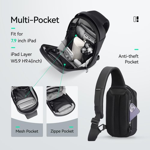 MARKETRON Sling Backpack Men, Sleek Aesthetic Sling Bag with Hard Shell Design and USB Charging Port, Waterproof Shoulder Bag for Traveling, Sporting, Cycling, Daily