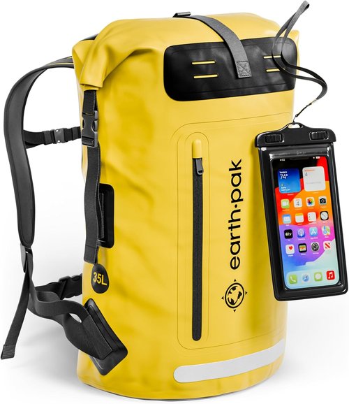 Earth Pak Waterproof Backpack - Heavy-Duty Roll-Top Hiking Bag with Cushioned Phone Case