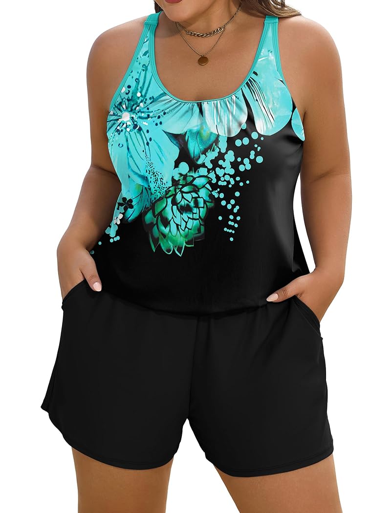 Arolina Plus Size Swim Romper One-Piece with Pockets Blue Floral