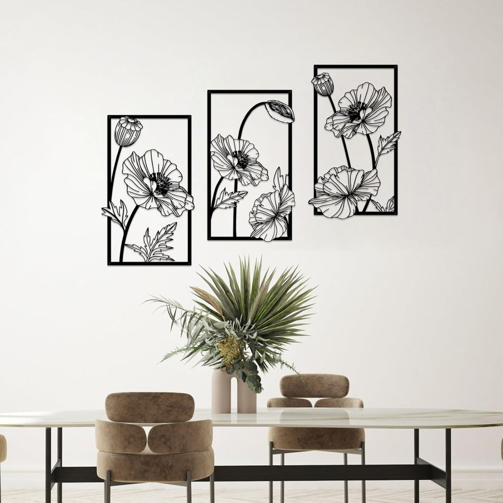 Resama Black Metal Flowers Wall Decor - Minimalist Abstract Floral Art for Bedroom, Bathroom, Kitchen