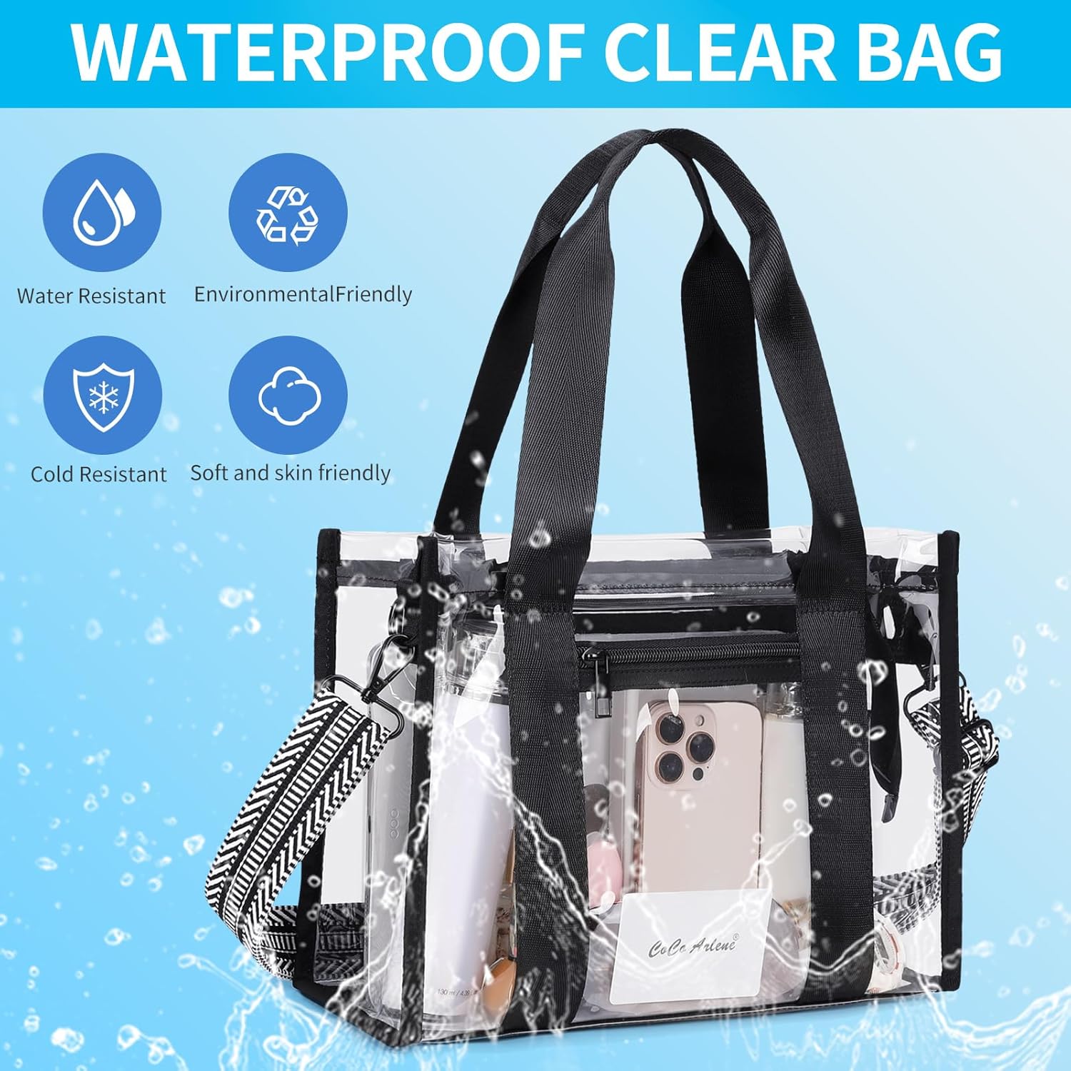 Skiennix Clear Stadium Bag - Large Transparent Tote with Inner & Outer Zipper Pockets for Events | Beach, Concerts