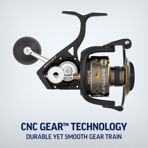 Penn Battle IV Size 4000 Spinning Fishing Reel, Full Metal Body and Sideplate, CNC Gear Technology, Hydro Armor Seals Critical Area from Water Intrusion, HT-100 Drag System