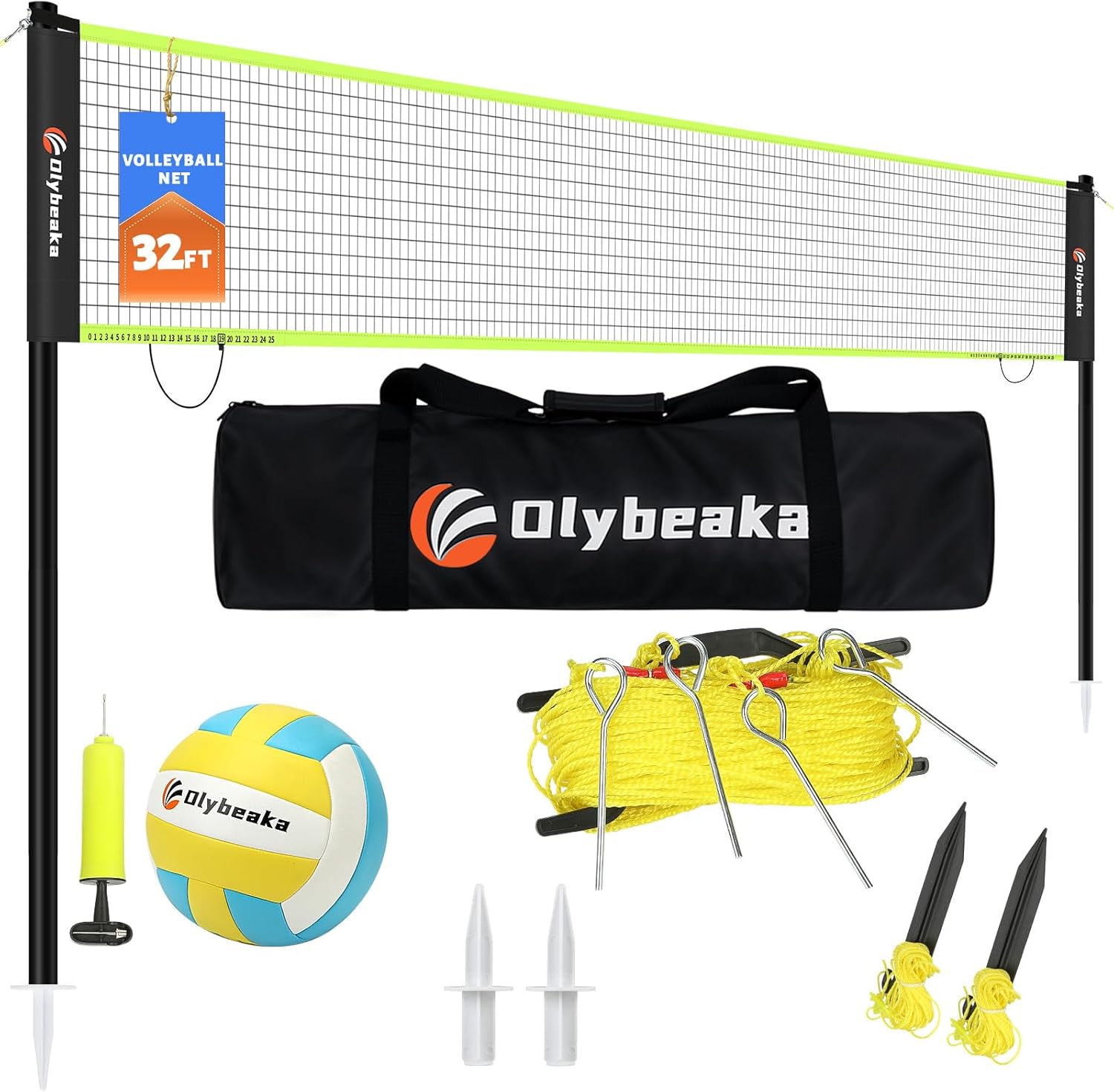 Regulation Size Volleyball Net Set by [Brand Name] - 32ft Portable Outdoor System with Adjustable Poles, PU Volleyball, Pump & Carry Bag