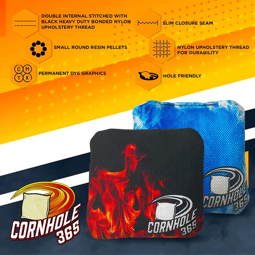 Cornhole365 Cornhole Bags - All-Weather, Heavy-Duty Fabric, Double-Stitched - Fire & Ice Set of 8 for Indoor & Outdoor Fun