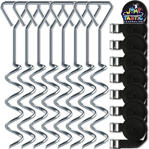 Jump Tastic Trampoline Anchors - 8 Heavy-Duty Anti-Rust Stakes & Straps for High Wind Stability