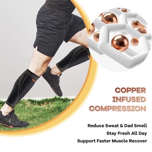 Copper Calf Compression Sleeves - High Stretch Anti-Slip Grip | Breathable Footless Design for Runners & Travel (1 Pair)