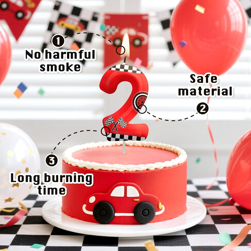 Red Number 3 Birthday Candles - Racing Cars Themed Cake Topper for Boys & Girls Party Decor