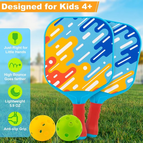 Kids Pickleball Paddles - Easter Gift Basket Stuffers Outdoor Beach Pool Yard Game Toy for Kid Ages 4 5 6 7 8 Year Old Boys & Girl, Ball Set of 2, Lightweight & Durable Grip for Small Hand, Beginner