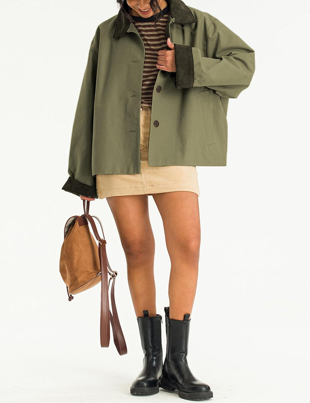 Viefent Women's Contrast Collar Crop Trench Coat - Casual Button Down Jacket with Pockets | Army Green, Large