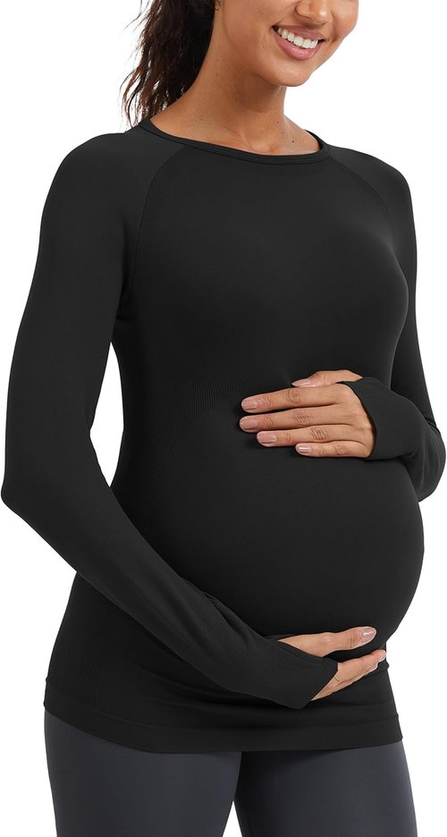 MathCat Seamless Maternity Shirts - Long Sleeve Athletic Tops for Pregnancy | Casual Yoga Tee
