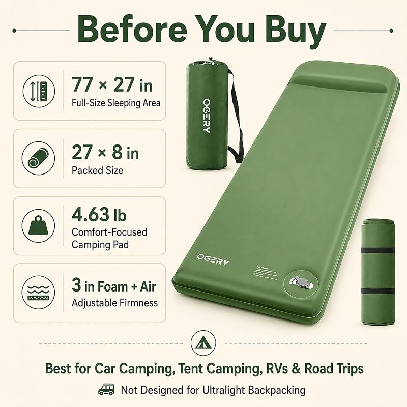 Self-Inflating 3-Inch Memory Foam Camping Sleeping Pad with Foot Pump