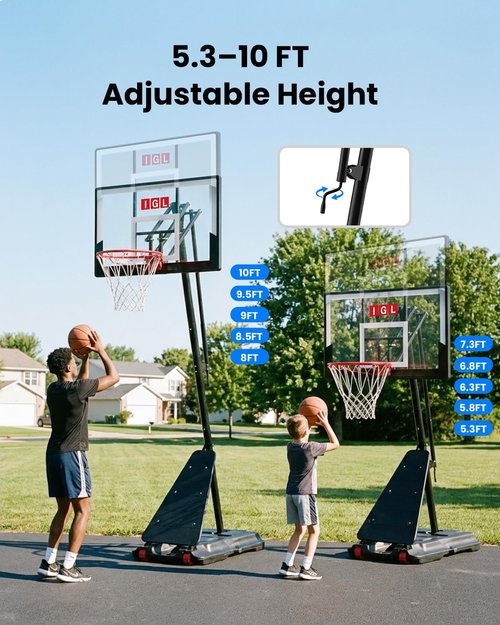IGL Portable Basketball Hoop - Height Adjustable 5.5-10 FT | 40/44/48 Inch PC Backboard, Stable Design for Kids & Family