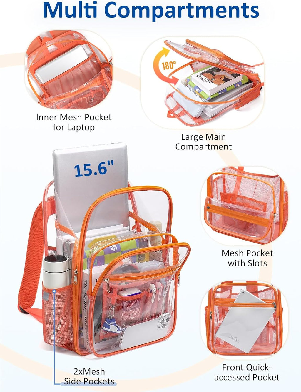 Skiennix Extra Large Clear Backpack - TSA Lock, Heavy Duty Transparent Bookbag for College & Travel | Orange