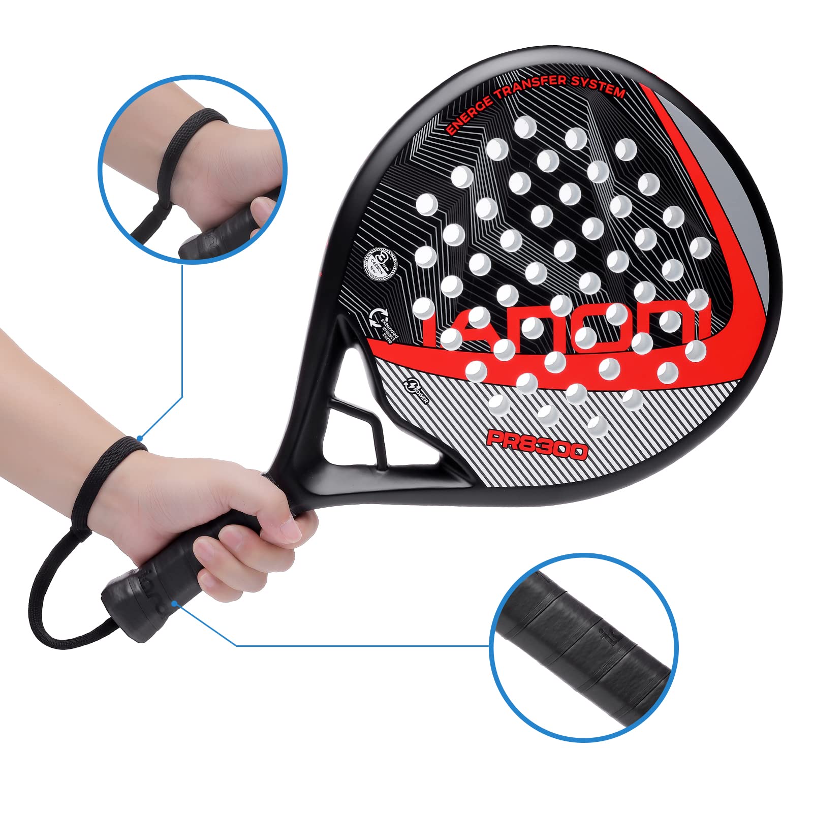 Padel Racket Carbon Fiber Surface with EVA Memory Flex Foam Core Padel Tennis Racquets Lightweight (8300-red)