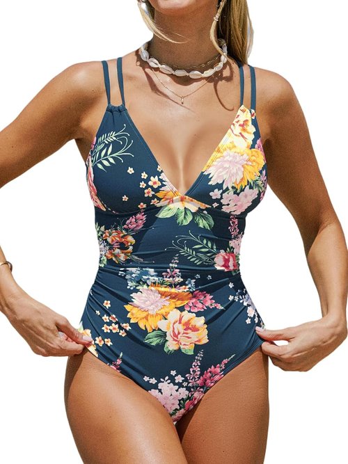 CUPSHE One Piece Swimsuit - V Neck Tummy Control with Double Adjustable Straps & Back Cutout