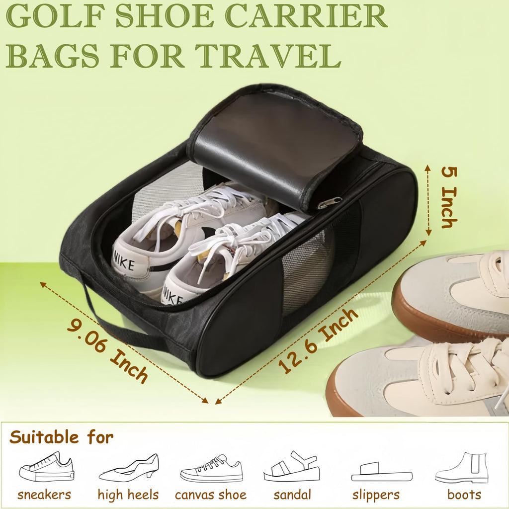 Suaetiai Golf Shoe Bag for Men Women, Mesh Shoe Bags for Travel, Water Proof Ventilation Golf Shoes Bag, Outdoor Shoe Carrier with Zippered and Handle (Black/Black-2PCS)