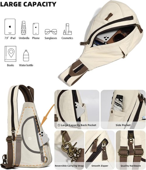 KL928 Canvas Sling Bag - Stylish Small Crossbody Backpack for Men & Women | Large Version in Beige