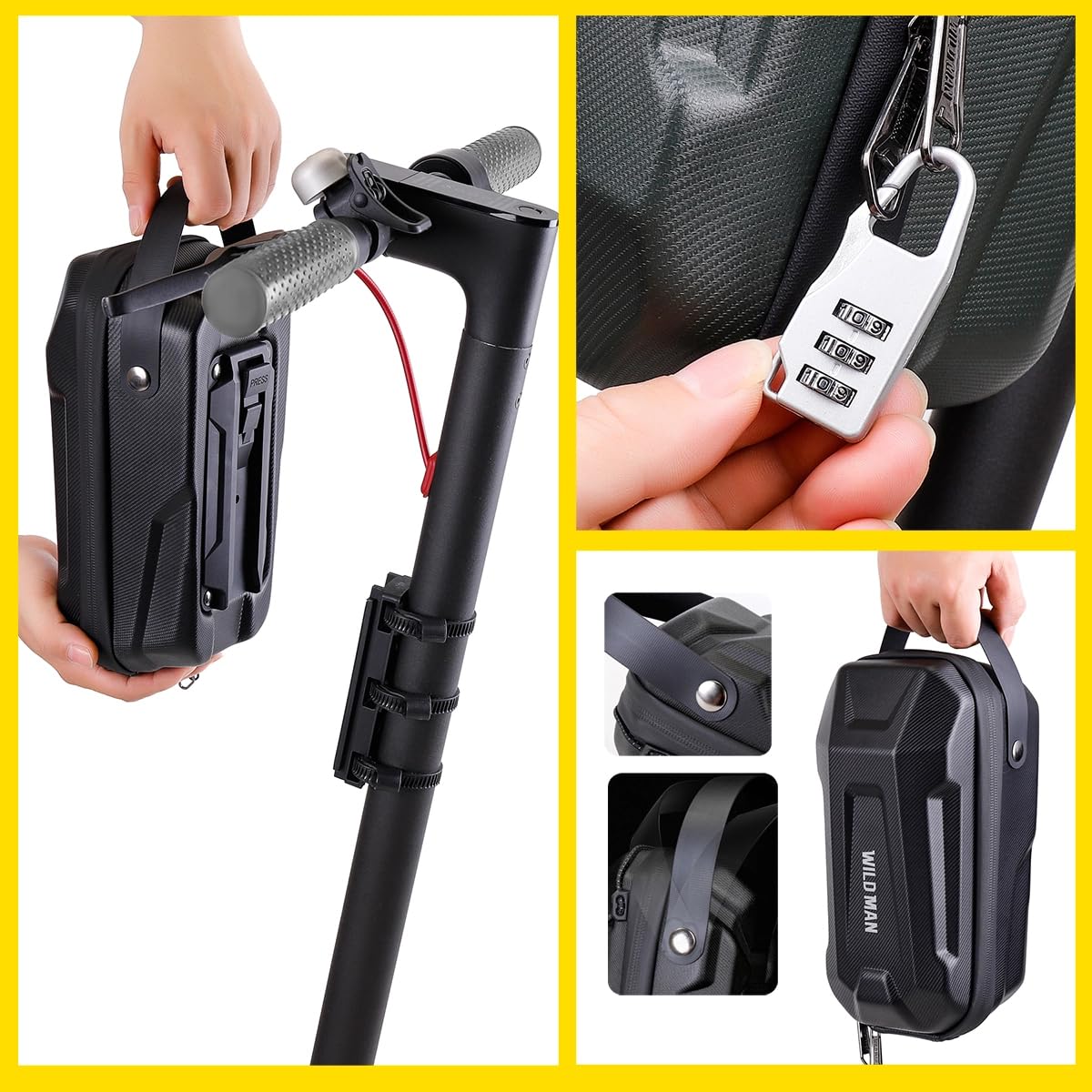 WILD MAN Hard Shell Handlebar Scooter Bag Quick Release Design Bike Bag Anti-Theft Design Scooter Storage With Carry Handle for Kick Scooters Folding Bike-GD99X(Black,4.5L)