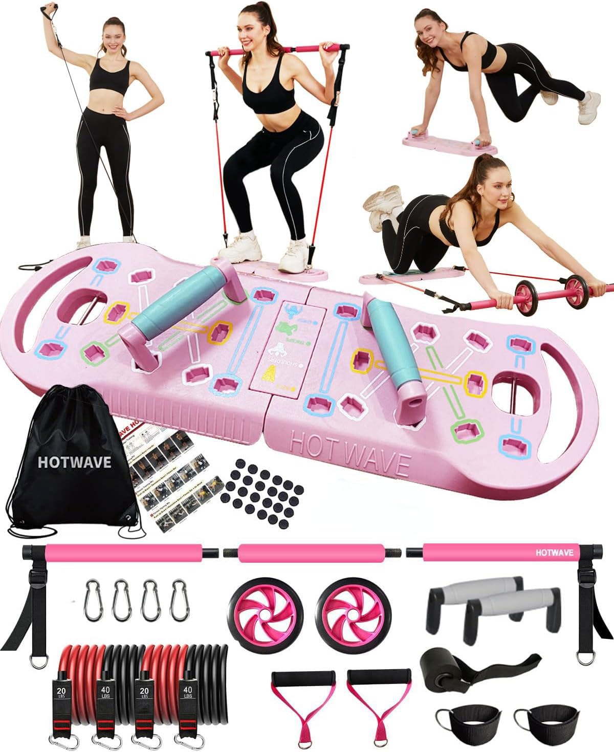 HOTWAVE Portable Exercise Equipment with 16 Gym Accessories.Resistance Bands with Fitness Squat Bar&Ab Wheel,Full Body Workout at Home