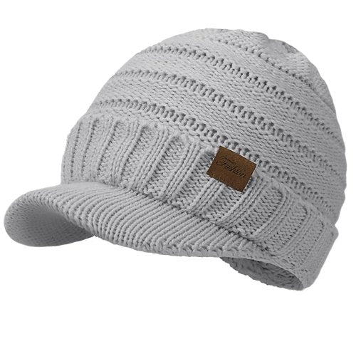 Winter Hats for Women - Warm Cute Knit Winter Hat, Casual Stylish Knitted Beanie Hat for Women, Soft Stretch Womens Winter Hats with Visor, Gray