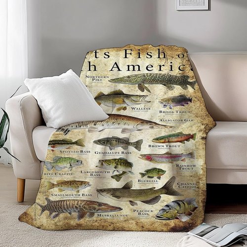 Quisenti Fishing Enthusiast Blanket - Sports Fish of North America, Fish Knowledge, Unique Fisherman Gifts for Boys, Dad, Grandpa (40in*60in)
