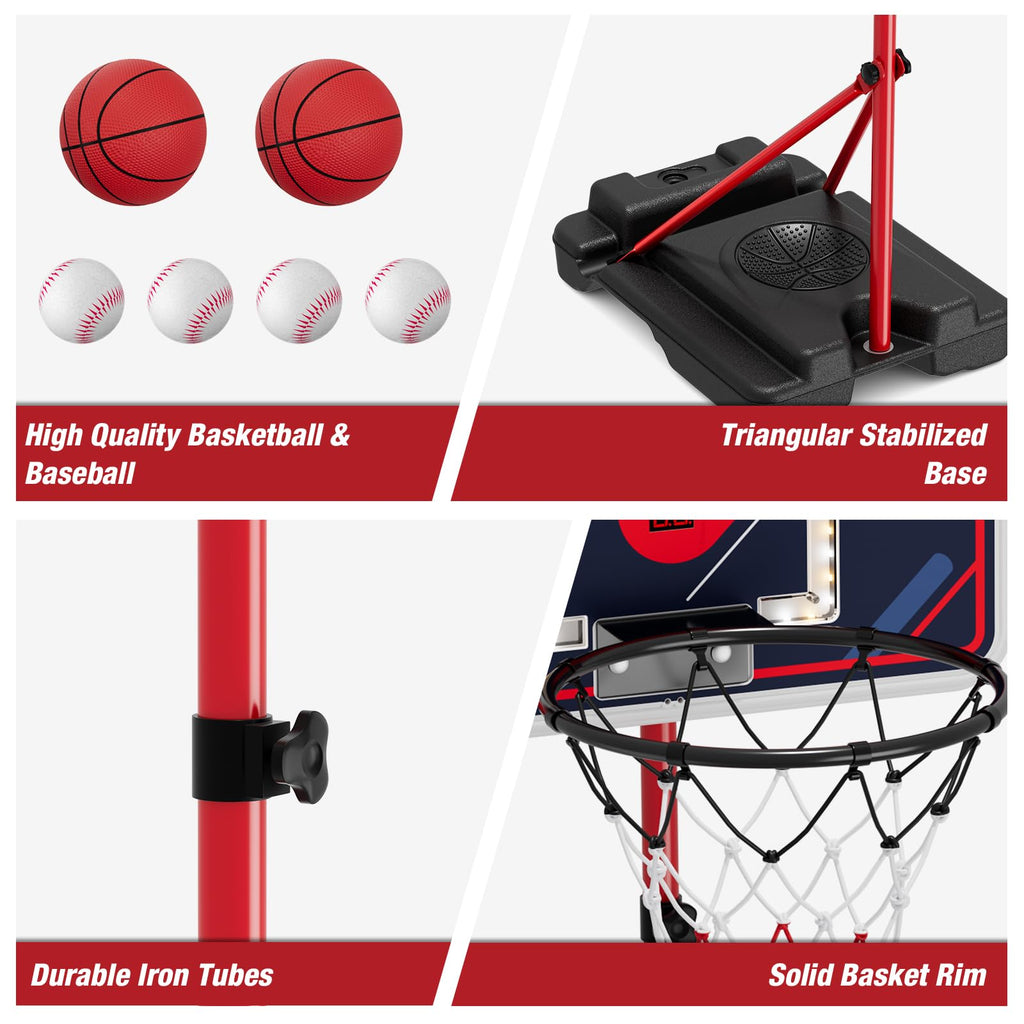 HYES 4 in 1 Kids Basketball Hoop and Tball Set 3-5, Basketball Goal with Scoreboard&LED, Hanging Tee Ball Stand with Baseball Pitching Machine, Indoor Outdoor Sport Toys for Boys 4-8