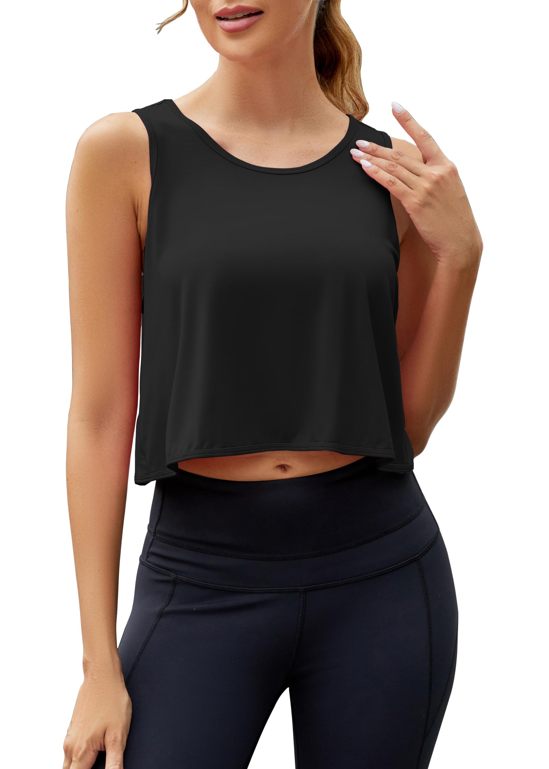 Mippo Workout Tank Tops for Women Open Back Athletic Yoga Gym Crop Tank Backless Workout Shirts Loose Fit Black L