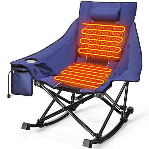 Slendor Oversized Heated Camping Chair, Folding Heated Rocking Chair with Padded Pillow, 3 Adjustable Heat Settings Portable Camp Chair for Outdoor & Indoor Use, NO Power Bank, Blue