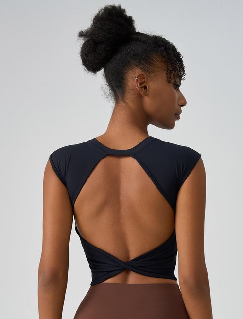 ABOCIW Workout Tops for Women Built in Bra Open Back Longline Sports Bras Cap Sleeve Athletic Yoga Crop Top Gym T Shirts Black Medium
