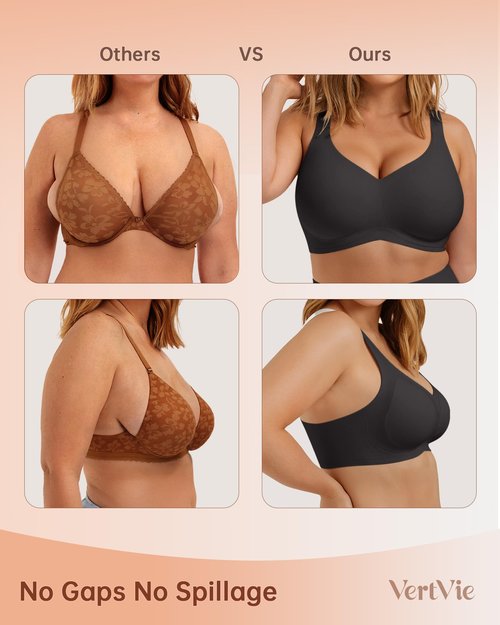 Vertvie Bras for Women No Underwire Wireless Support Bra Underarm-Smoothing Seamless Push Up Full Coverage T-Shirt Sports Bra(Black,Large Plus)