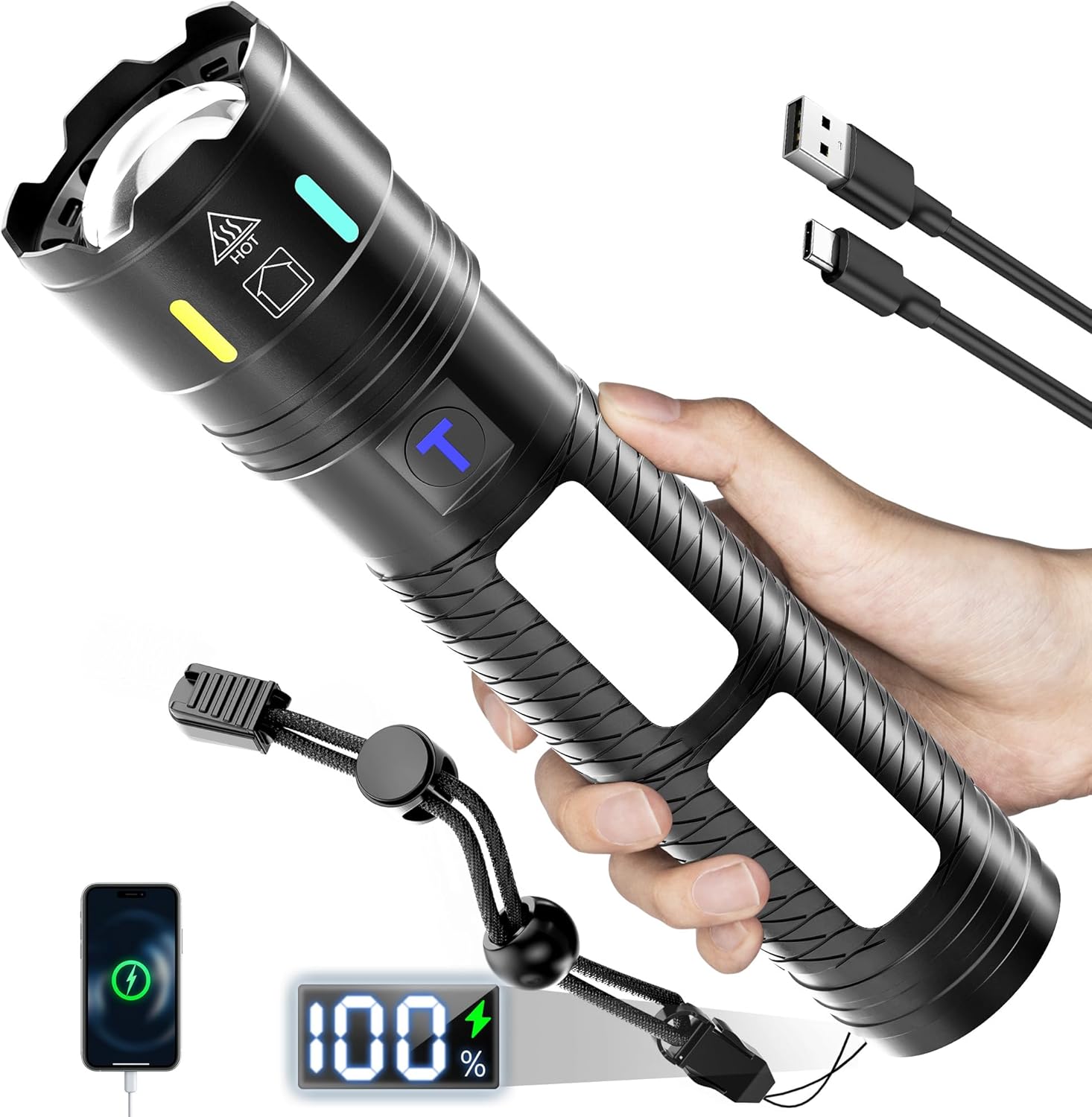 Skiennix Rechargeable Flashlight - 990,000 High Lumens, 5000ft Range, 4 Modes & Red LED for Emergencies