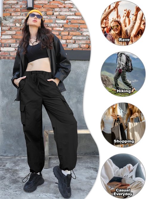 Cromoncent Women's High Waist Parachute Pants Y2K Cargo Trousers with Pockets for Womens, Black, M