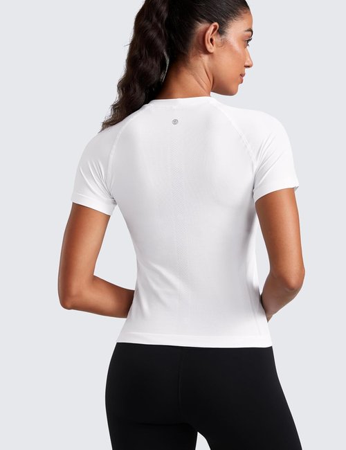 CRZ YOGA Seamless Workout Tops for Women - Breathable Short Sleeve Gym & Yoga Shirts, Waist Length