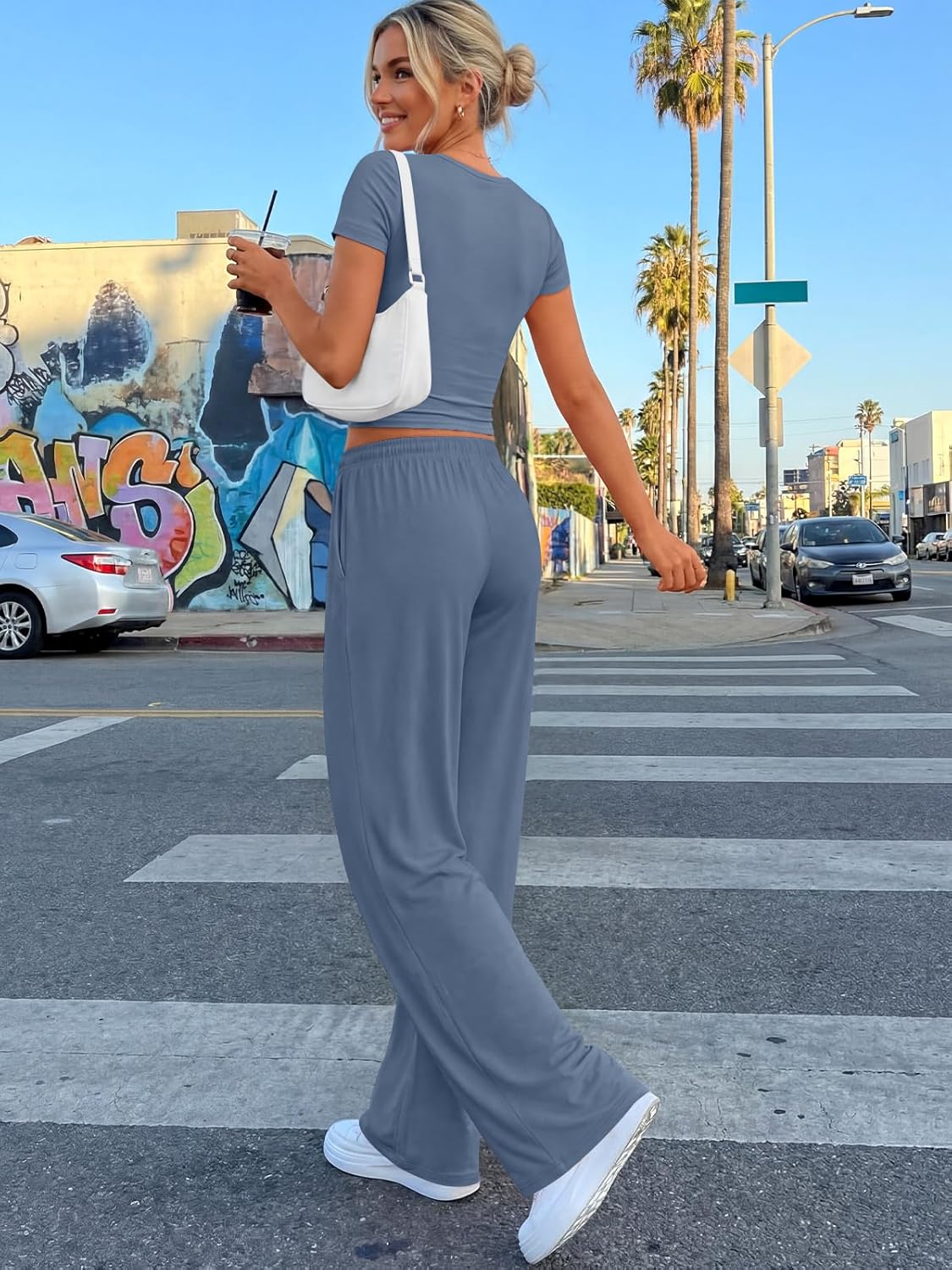 Trendy Queen 2-Piece Summer Lounge Set - Women's Wide Leg Pants & Ruching Crop Top