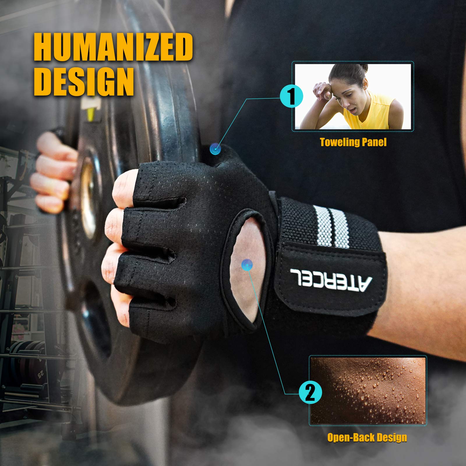ATERCEL Weight Lifting Gloves Breathable Workout Gloves with Wrist Support for Gym, Exercise, Pull Ups, Super Lightweight for Men and Women, Full Palm Protection, Black, L