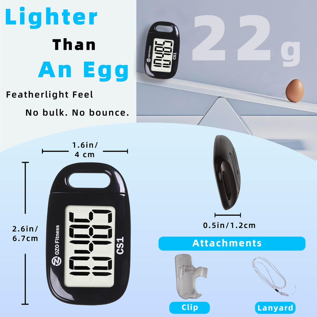 OZO Fitness Clip-on 3D Pedometer for Walking Steps Counter with Lanyard, Simple Exercise Tracker for Women and Seniors with Large Accurate Digital Display, Portable Minimalist Sports Monitor, Black