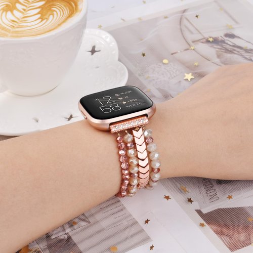 CAGOS Bracelet Compatible with Fitbit Versa 1/2/Versa Lite for Women, Handmade Beaded Elastic Replacement Wristband for Versa 2/1/Lite Watch/Special Edition Watch Rose Gold